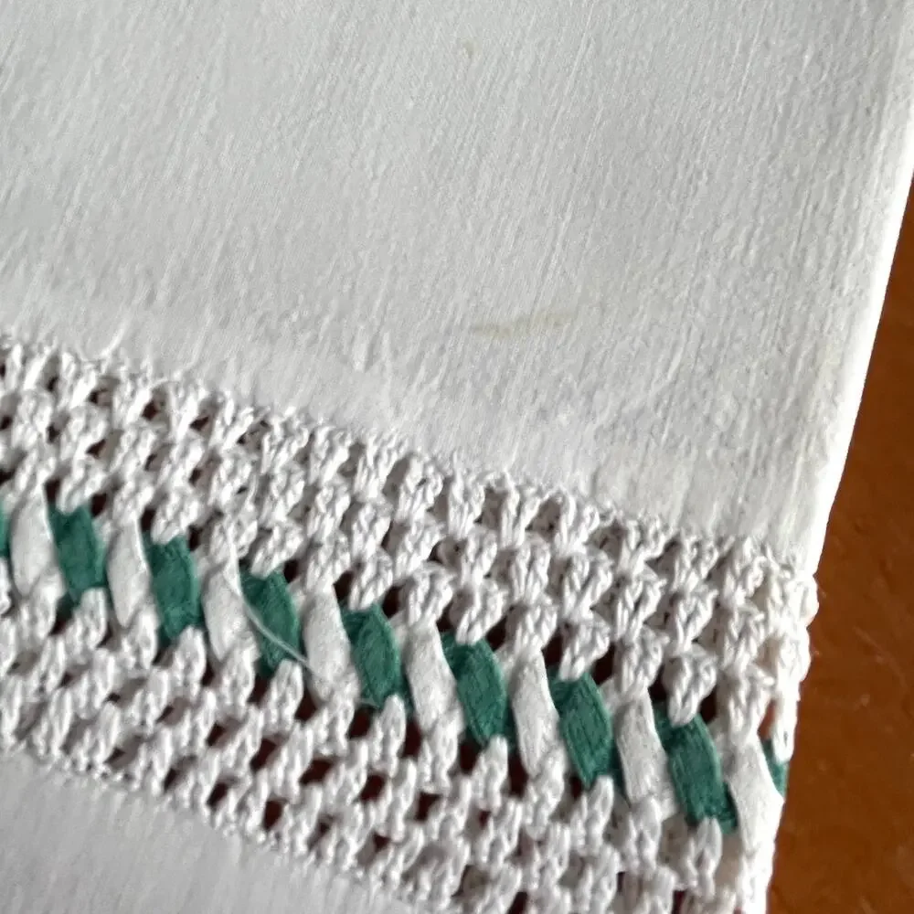 Set of 2 Vintage White Pillowcases Crocheted Lace Inset with Woven Green Ribbon